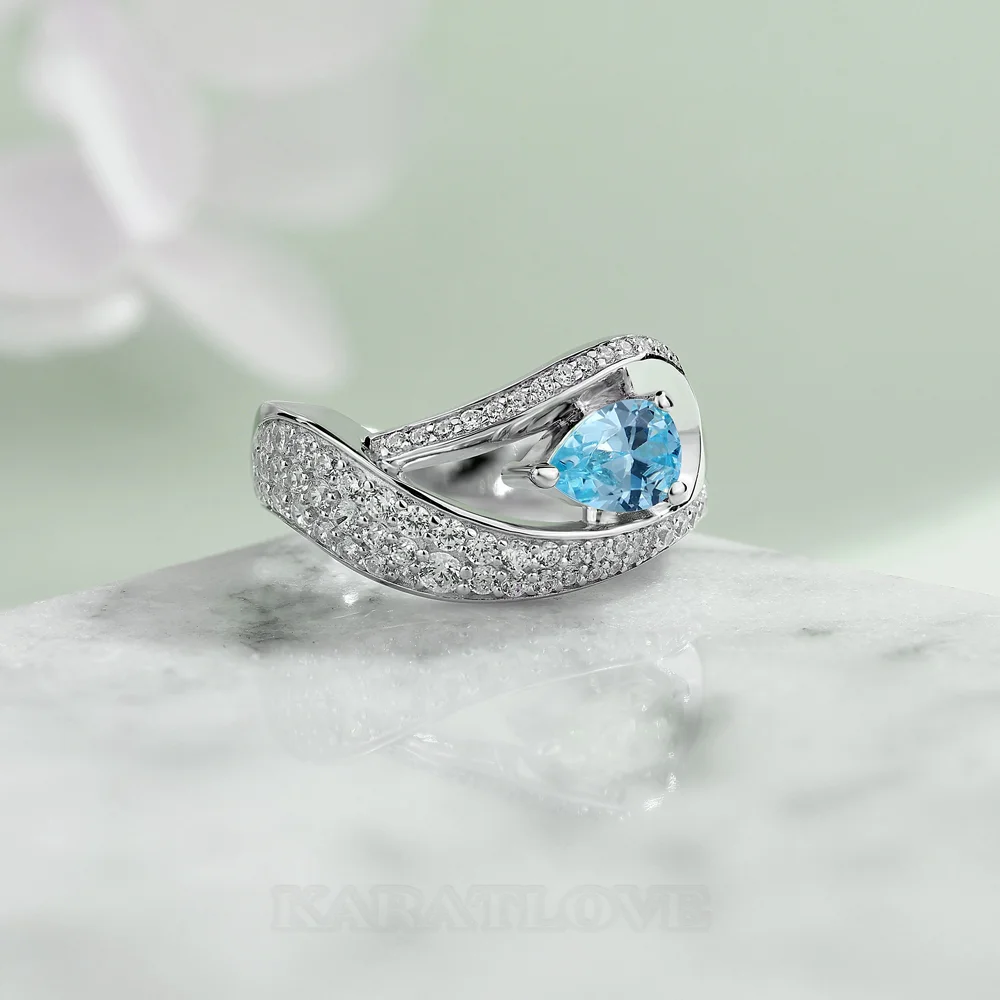 Pear Cut Aquamarine Blue Sterling Silver Art Deco Engagement Ring