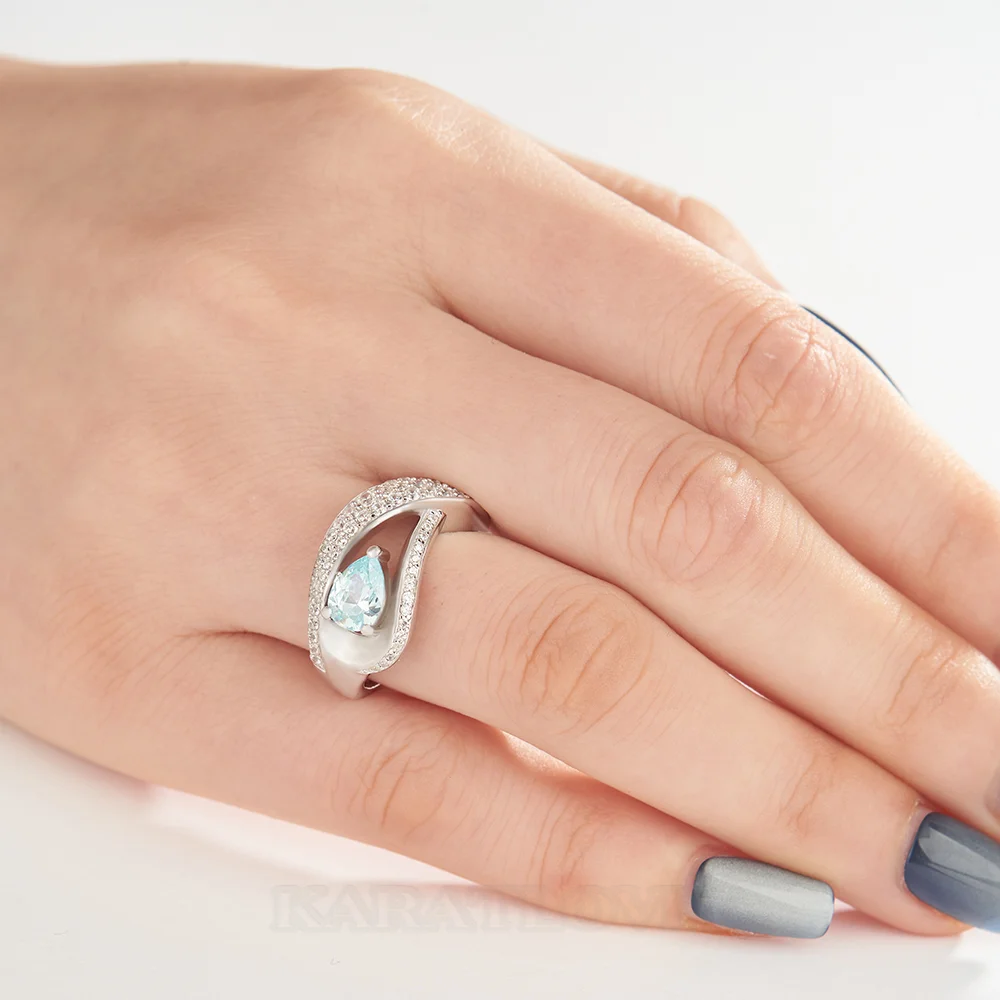 Pear Cut Aquamarine Blue Sterling Silver Art Deco Engagement Ring