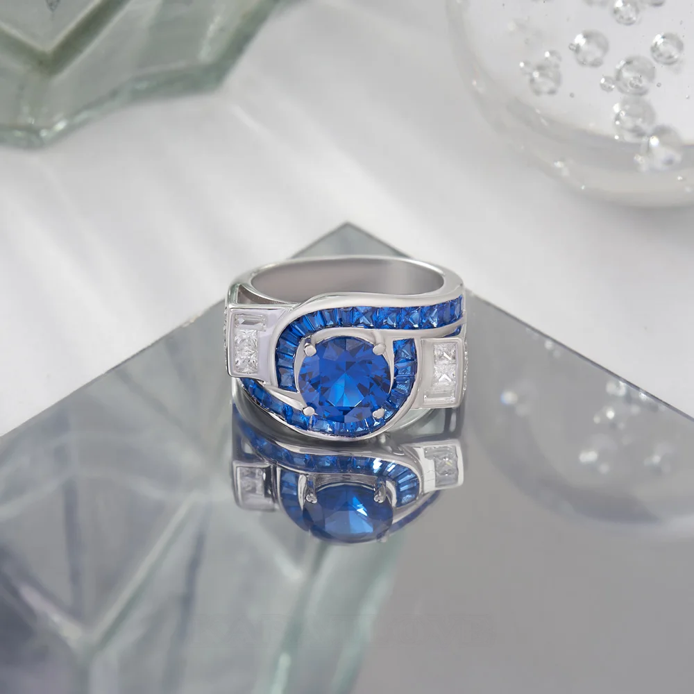 Round Cut Sapphire Blue Sterling Silver Art Deco Engagement Ring