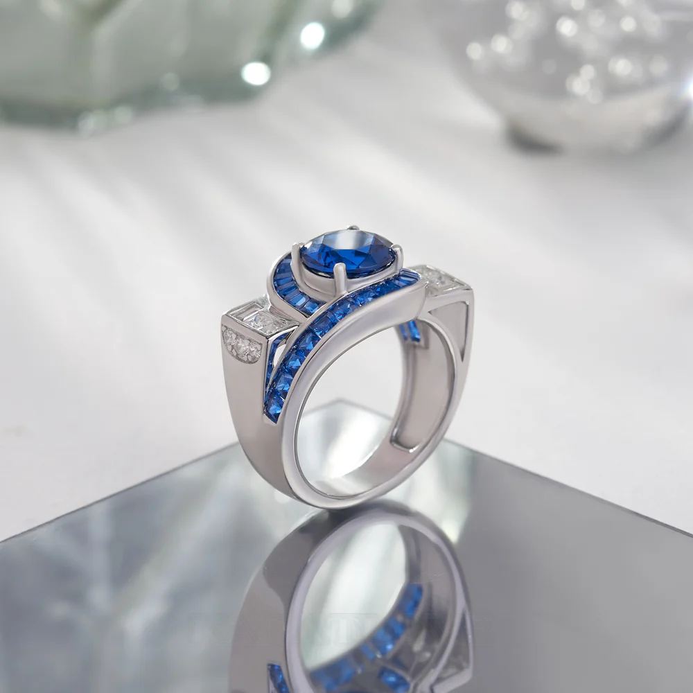 Round Cut Sapphire Blue Sterling Silver Art Deco Engagement Ring