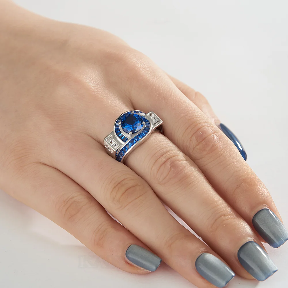 Round Cut Sapphire Blue Sterling Silver Art Deco Engagement Ring