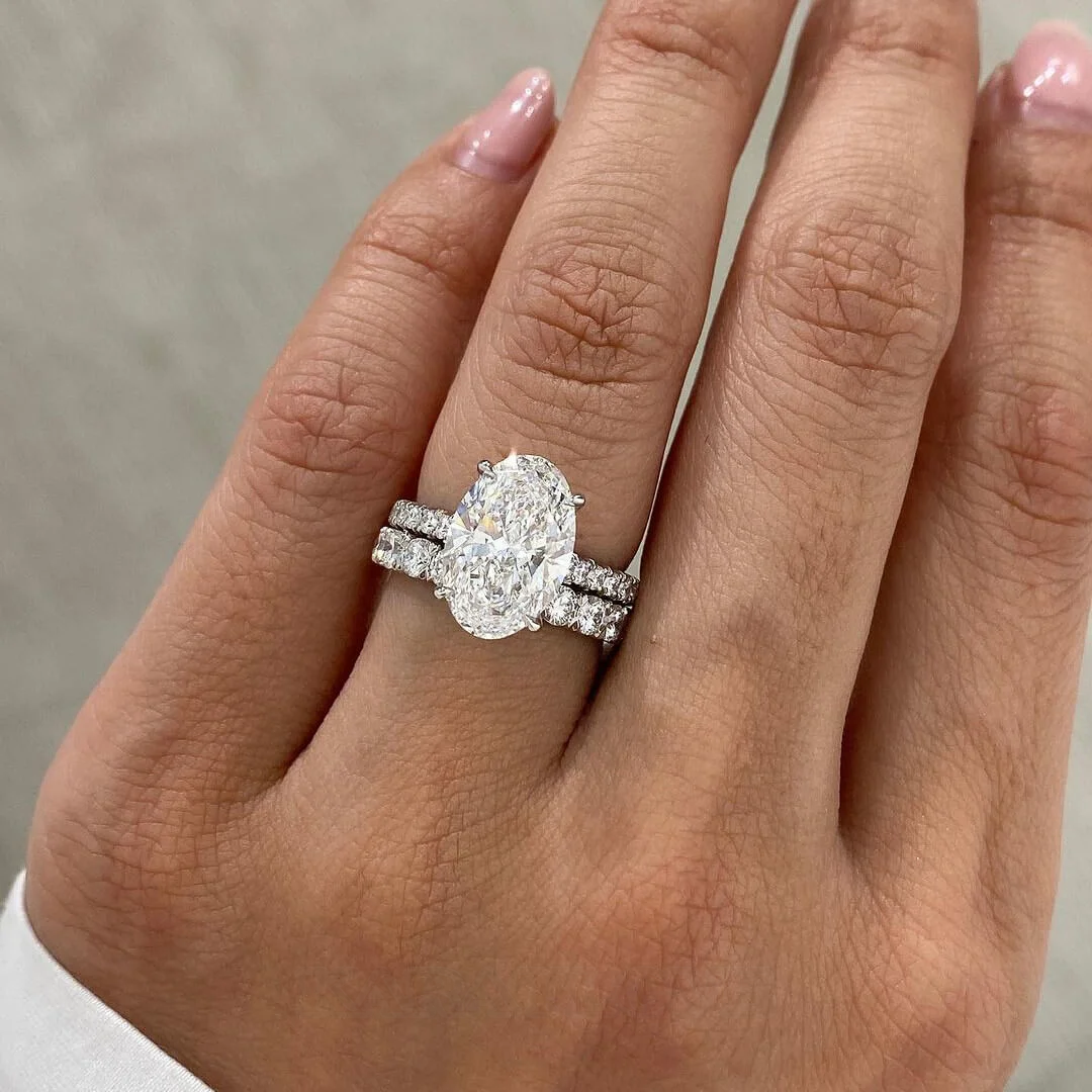 Oval Cut Diamond White Sterling Silver Hidden Halo Ring Set