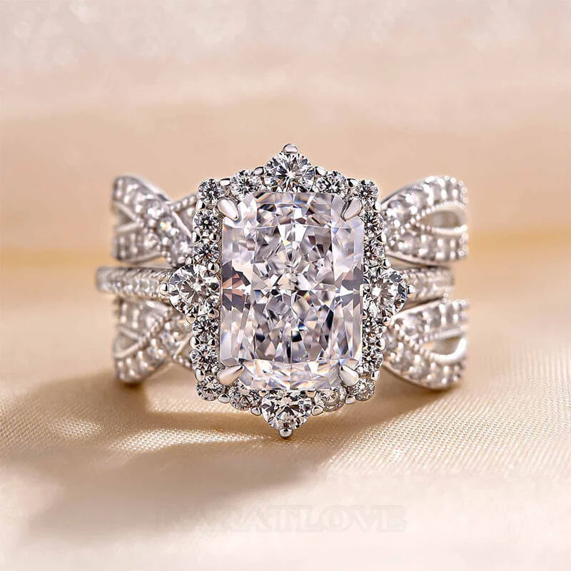 Radiant Cut Diamond White Sterling Silver Insert Halo Ring Set