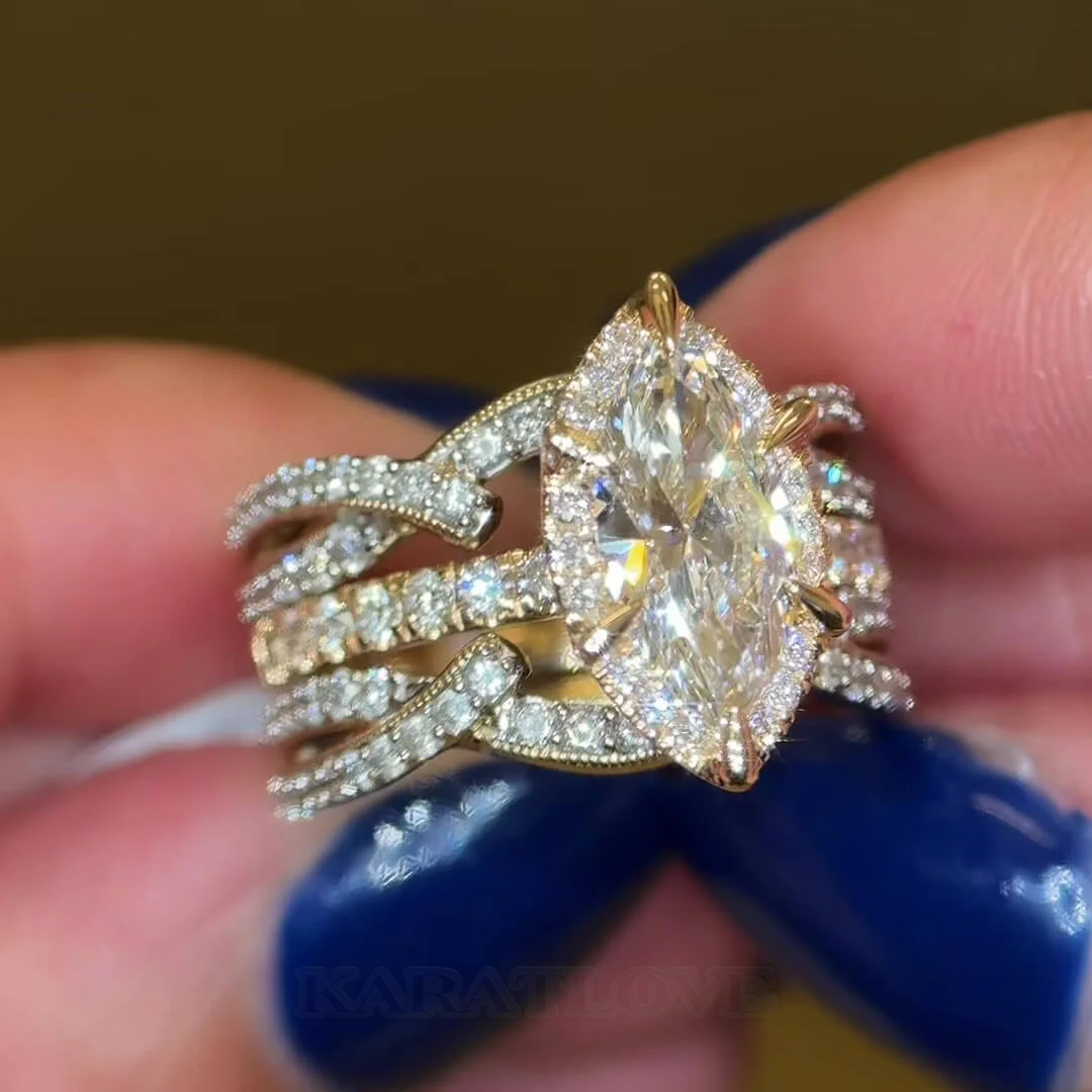 Marquise Cut Diamond White Sterling Silver Yellow Gold Halo Enhancer Bridal Ring Sets