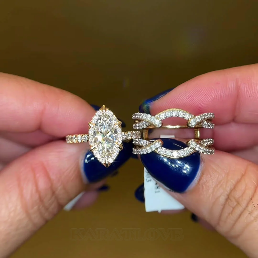 Marquise Cut Diamond White Sterling Silver Yellow Gold Halo Enhancer Bridal Ring Sets