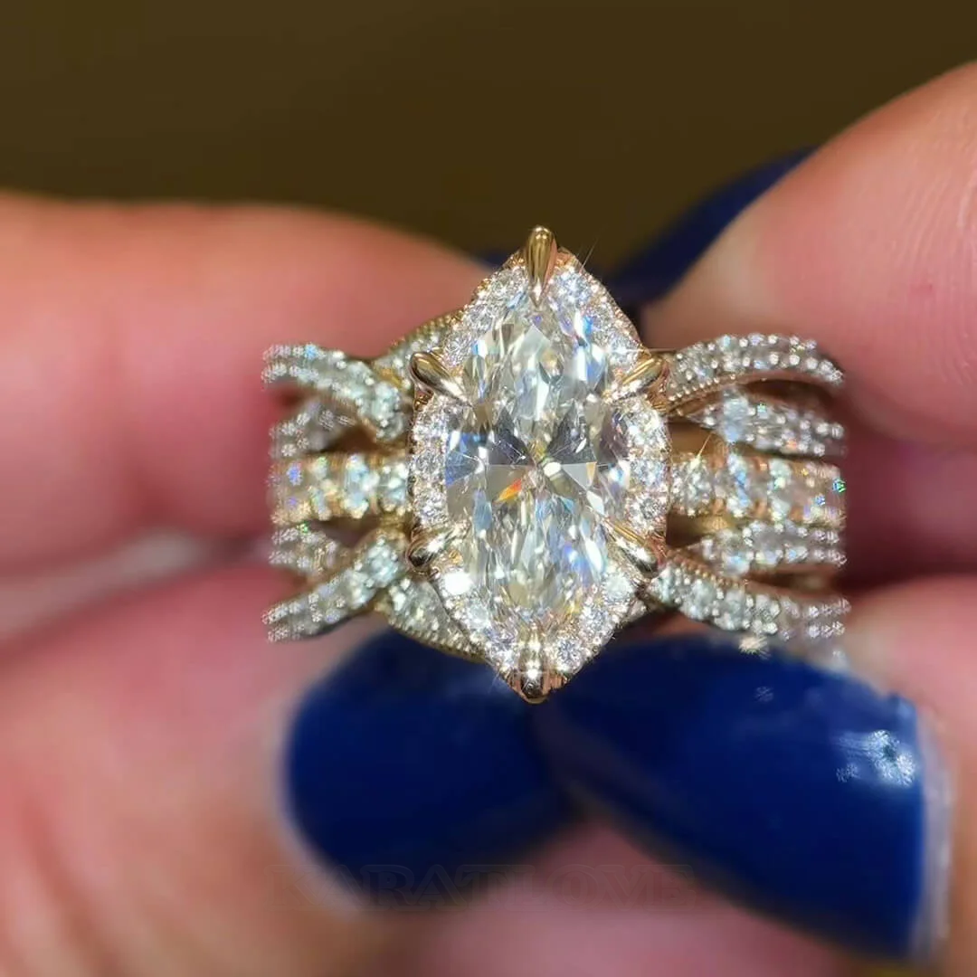 Marquise Cut Diamond White Sterling Silver Yellow Gold Halo Enhancer Bridal Ring Sets