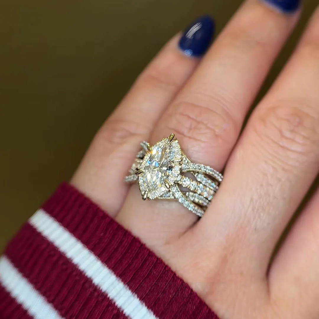 Marquise Cut Diamond White Sterling Silver Yellow Gold Halo Enhancer Bridal Ring Sets