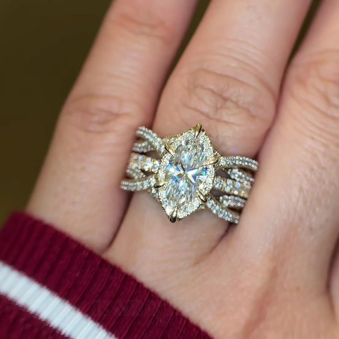 Marquise Cut Diamond White Sterling Silver Yellow Gold Halo Enhancer Bridal Ring Sets