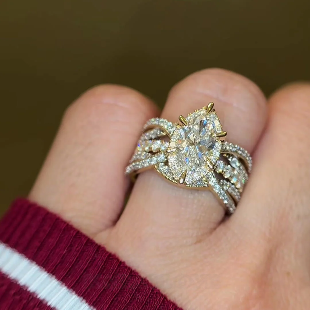 Marquise Cut Diamond White Sterling Silver Yellow Gold Halo Enhancer Bridal Ring Sets