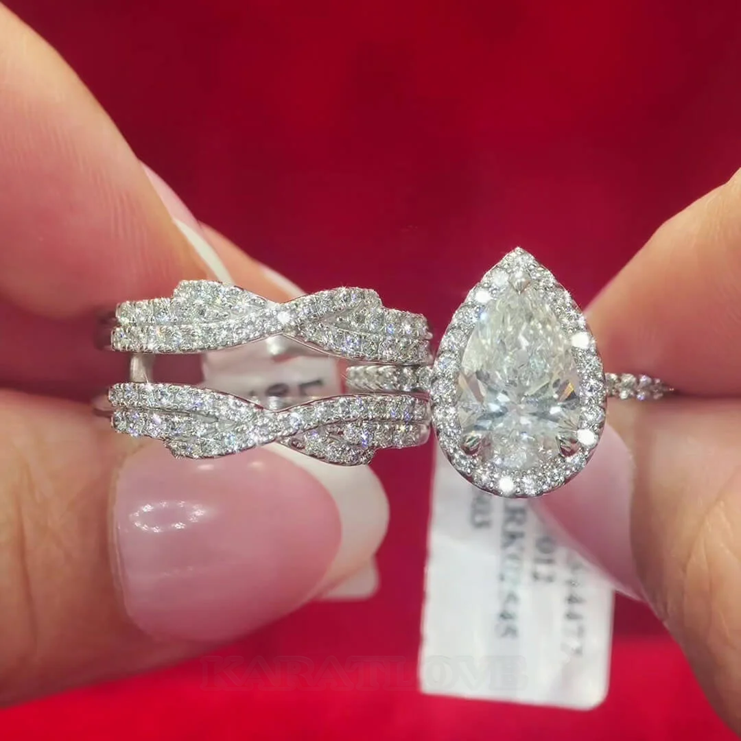 Pear Cut Diamond White Sterling Silver Halo Enhancer Bridal Ring Sets