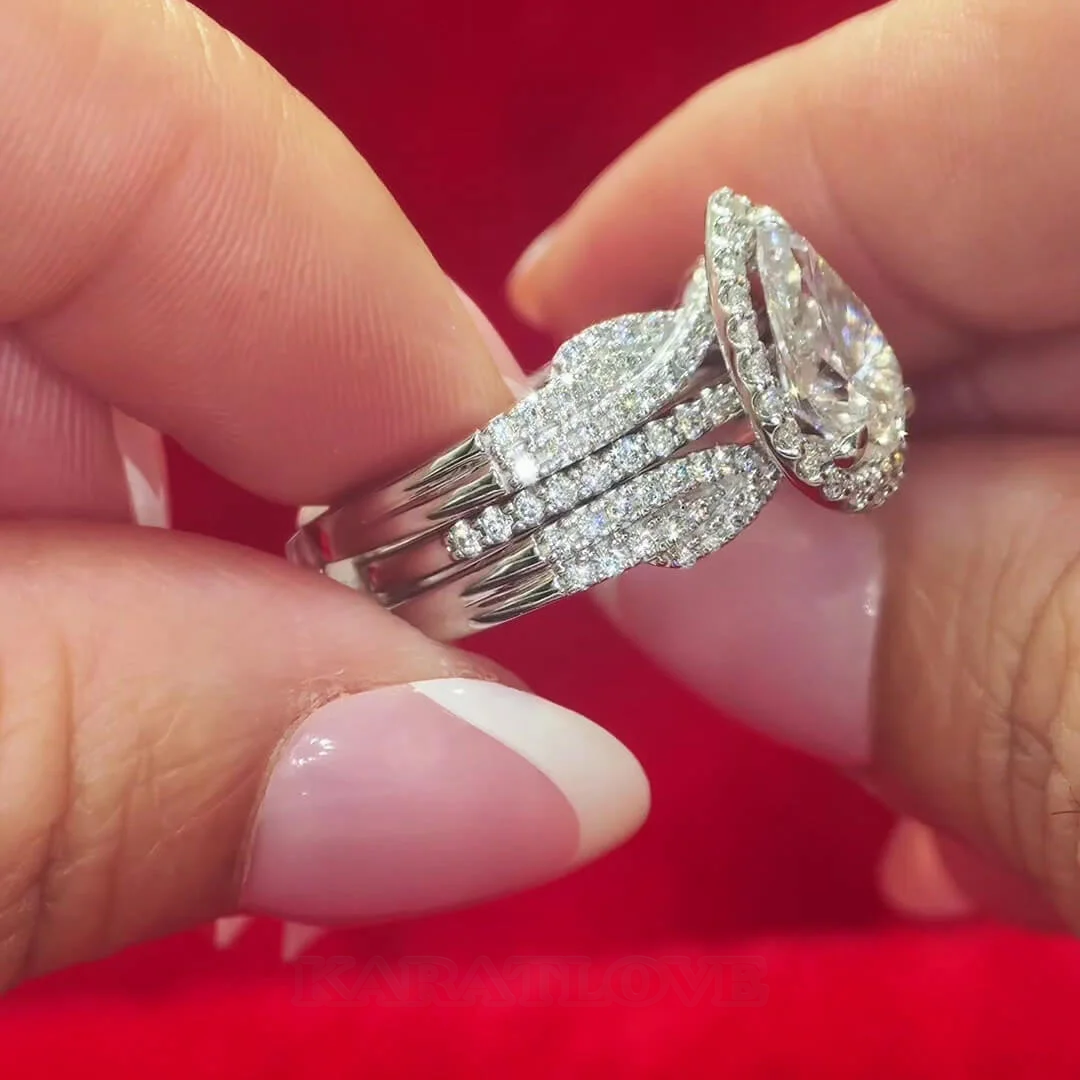 Pear Cut Diamond White Sterling Silver Halo Enhancer Bridal Ring Sets