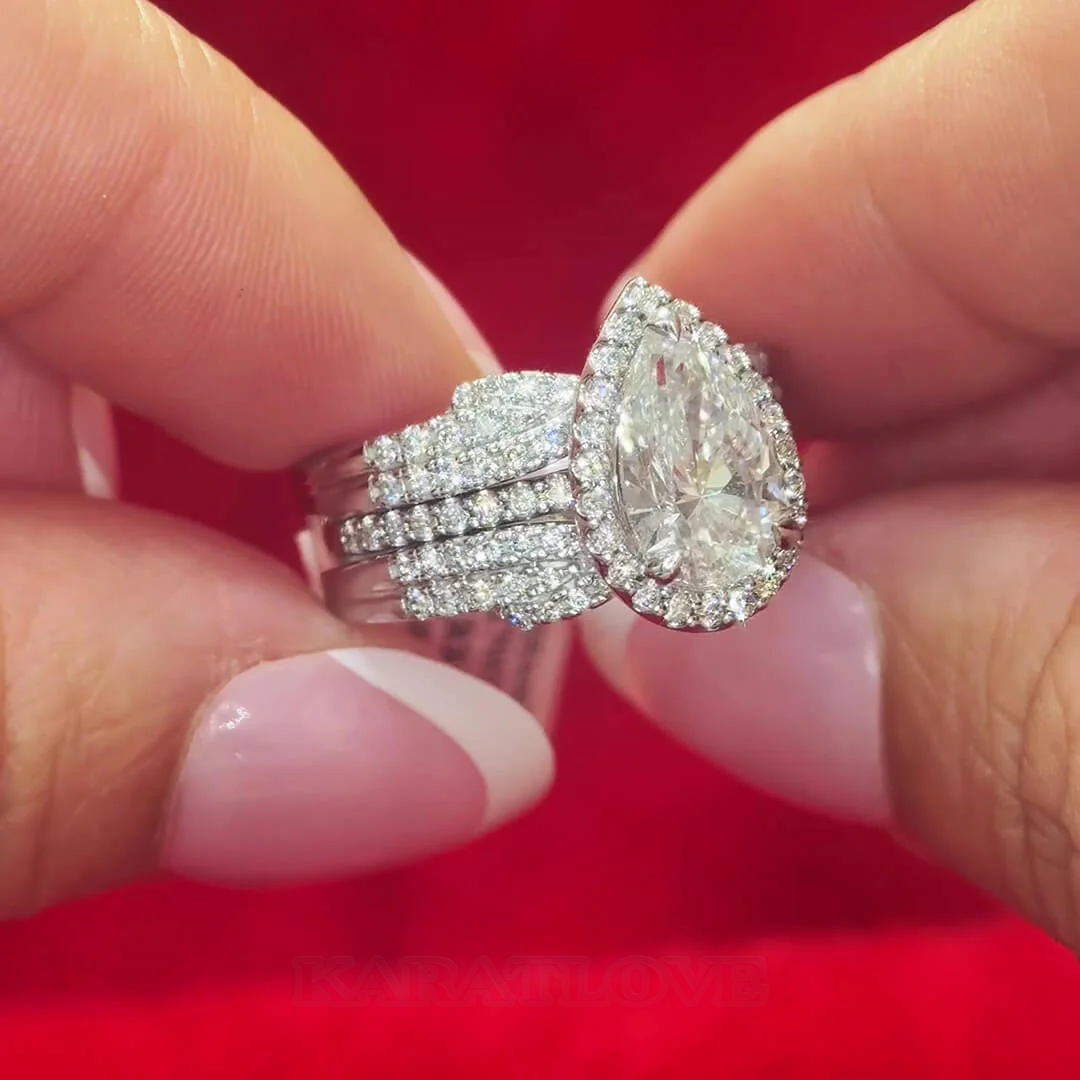 Pear Cut Diamond White Sterling Silver Halo Enhancer Bridal Ring Sets