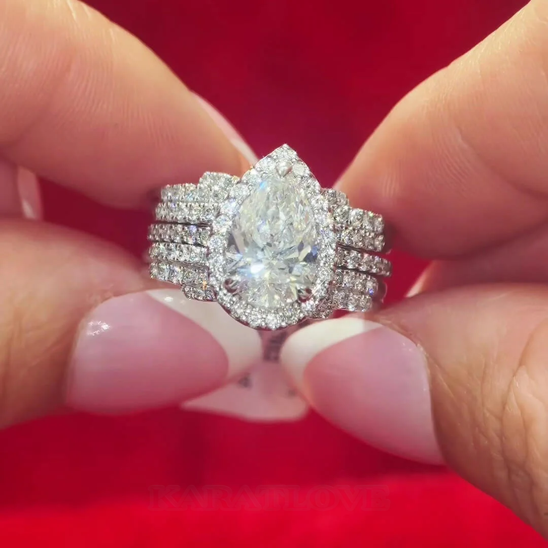 Pear Cut Diamond White Sterling Silver Halo Enhancer Bridal Ring Sets