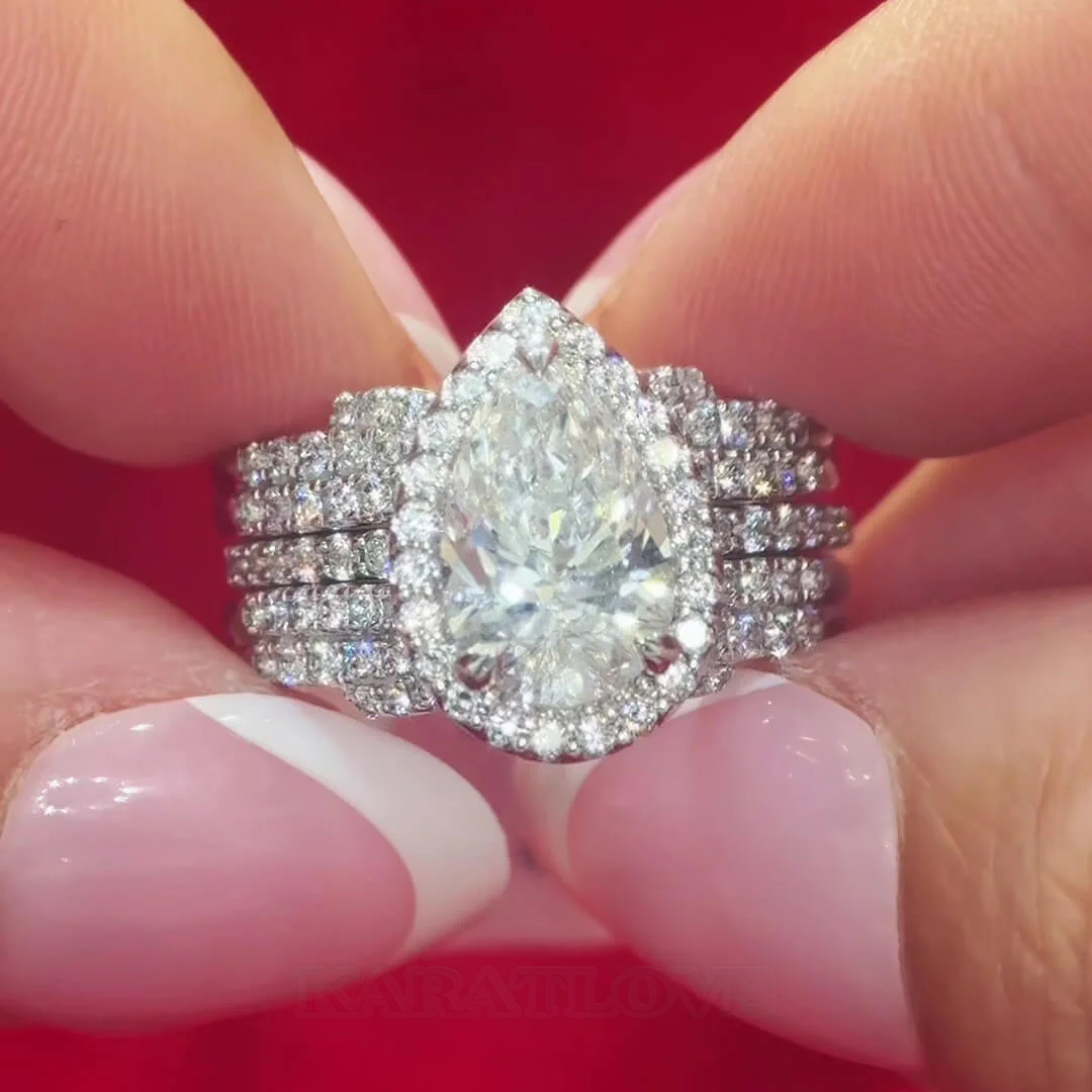 Pear Cut Diamond White Sterling Silver Halo Enhancer Bridal Ring Sets