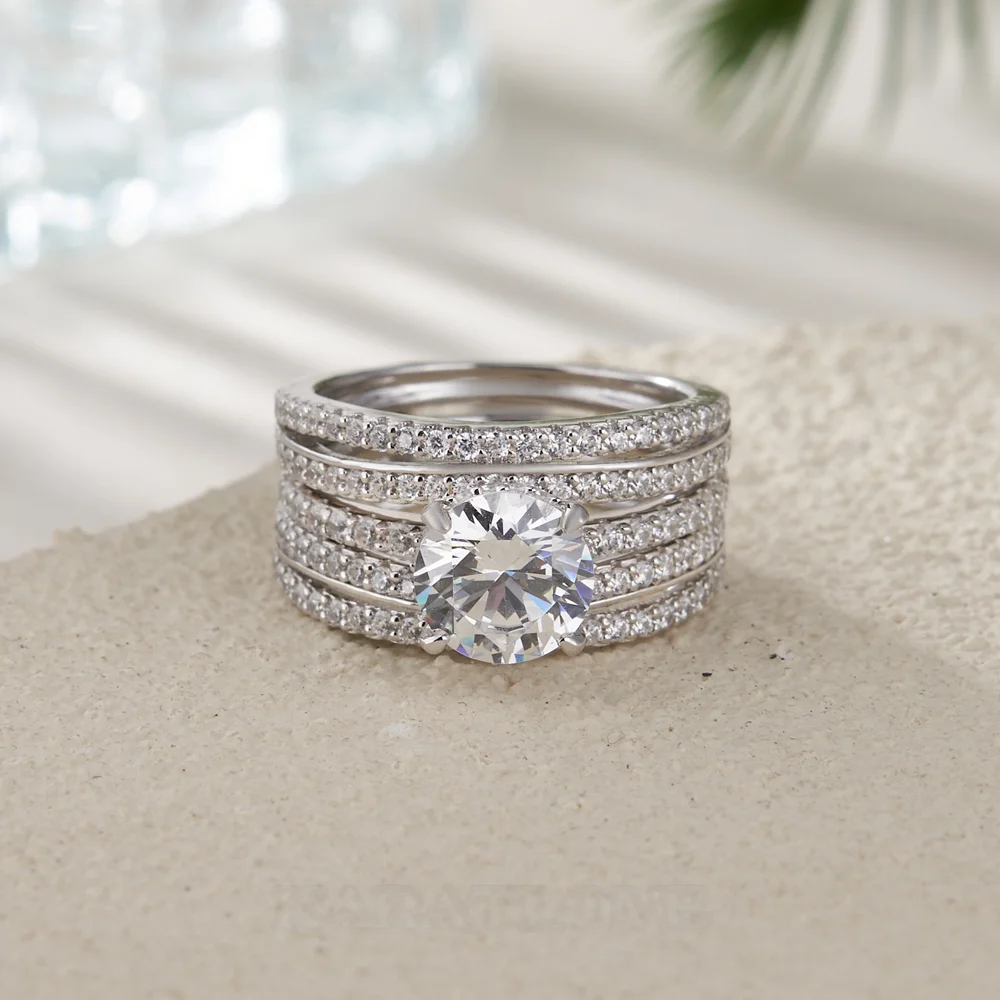 Round Cut Diamond White Insert Sterling Silver Hidden Halo Jacket Bridal Sets