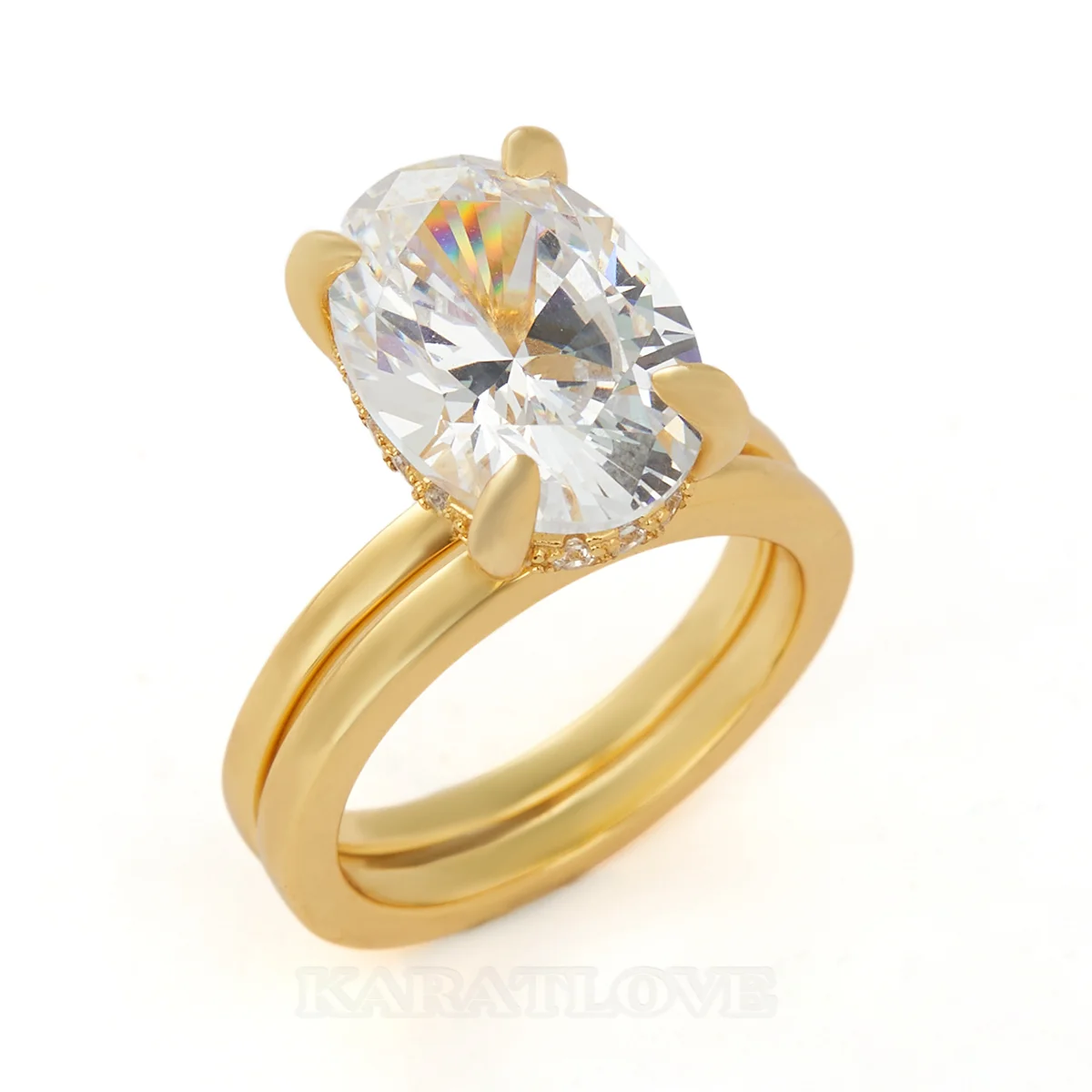 Oval Cut Diamond White Sterling Silver Yellow Gold Hidden Halo Engagement Ring