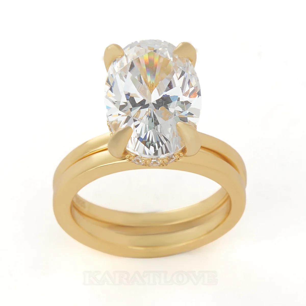 Oval Cut Diamond White Sterling Silver Yellow Gold Hidden Halo Engagement Ring