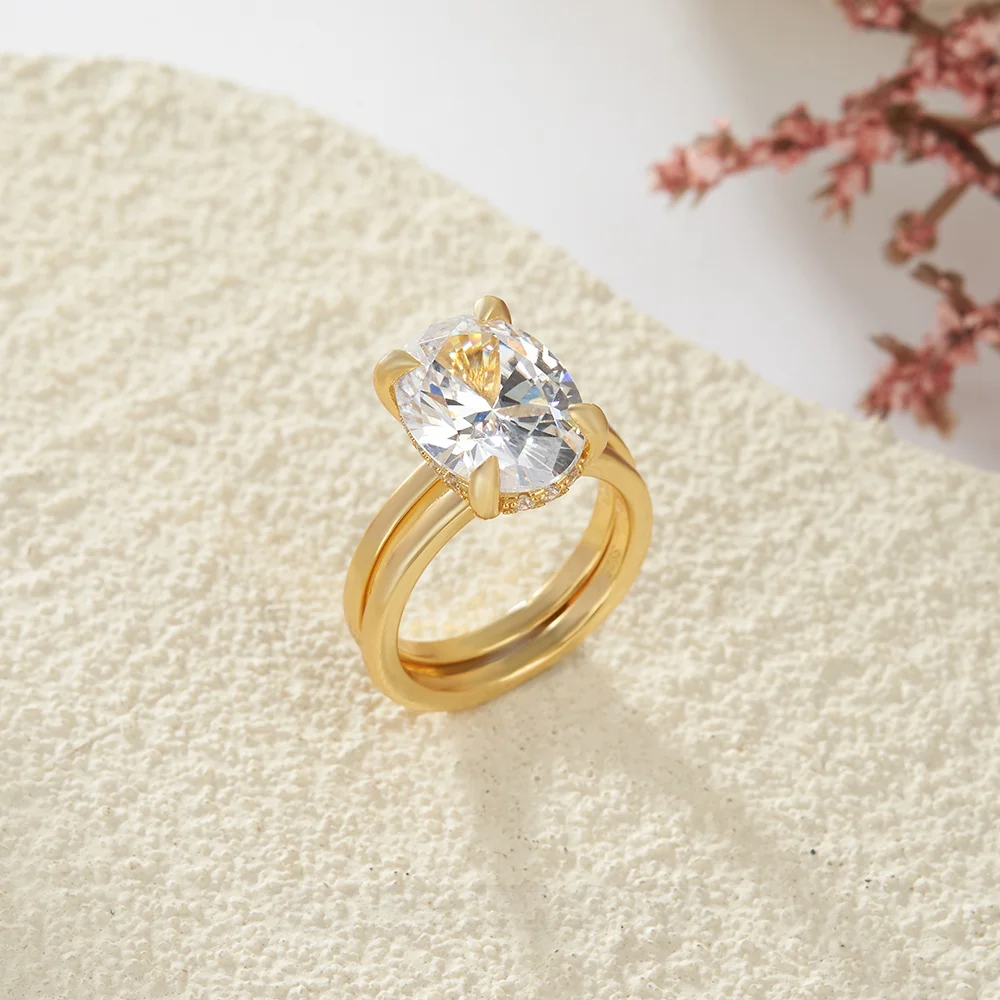 Oval Cut Diamond White Sterling Silver Yellow Gold Hidden Halo Engagement Ring