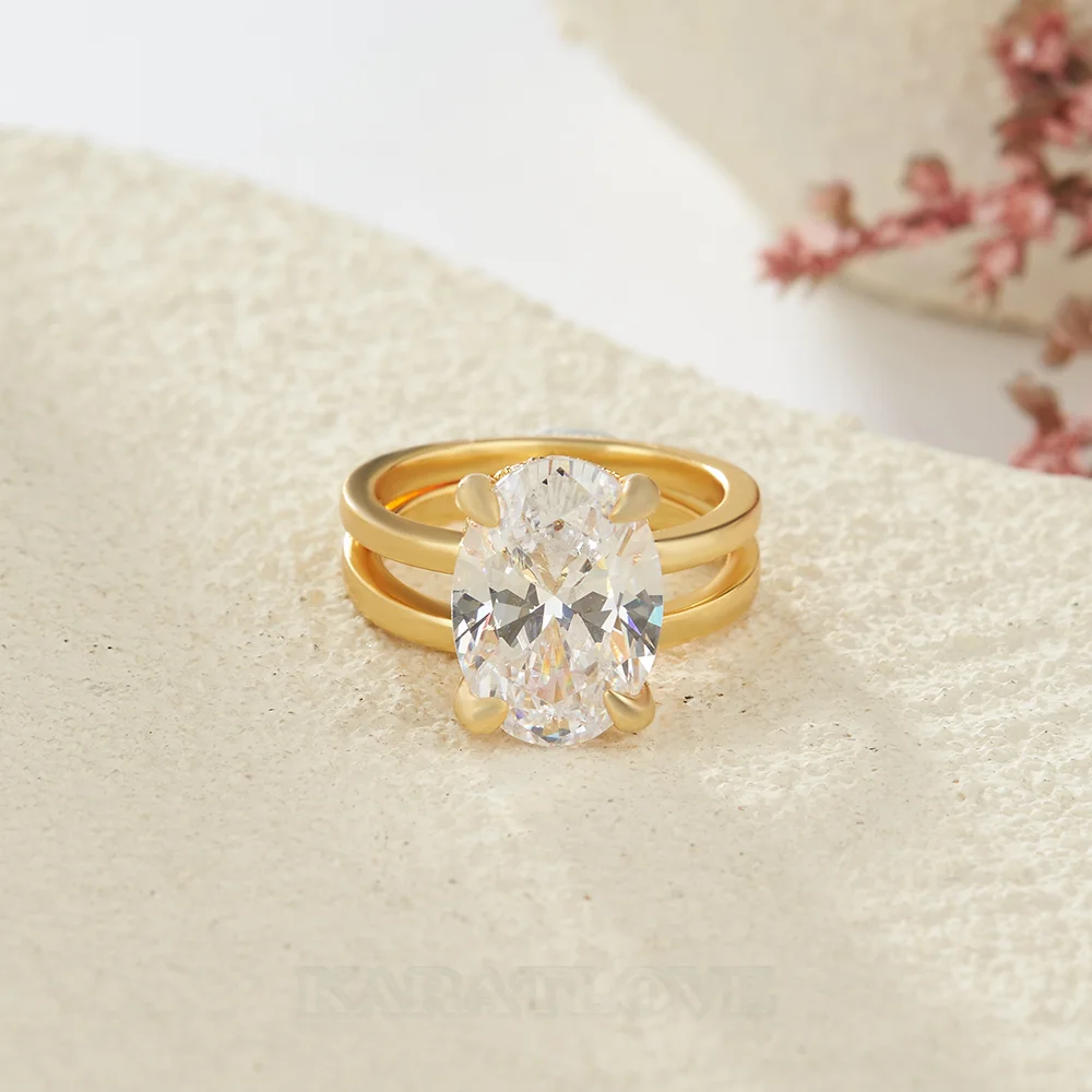 Oval Cut Diamond White Sterling Silver Yellow Gold Hidden Halo Engagement Ring