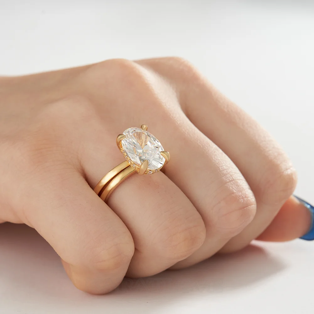 Oval Cut Diamond White Sterling Silver Yellow Gold Hidden Halo Engagement Ring