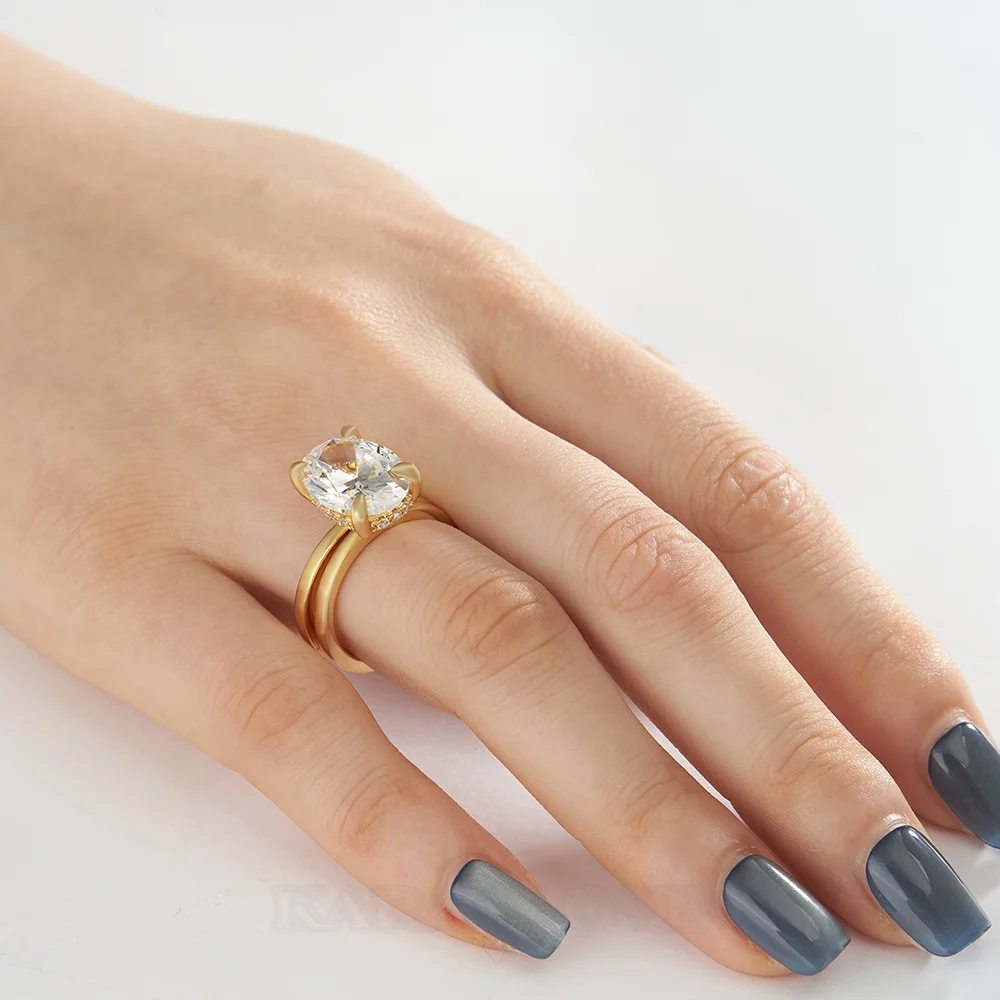 Oval Cut Diamond White Sterling Silver Yellow Gold Hidden Halo Engagement Ring