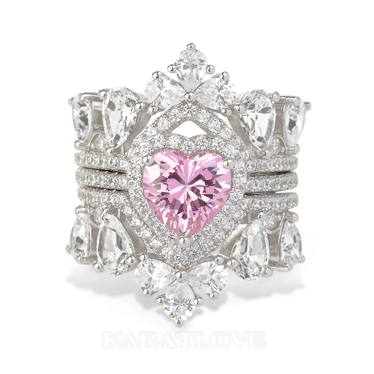 Heart Cut Fancy Pink Sterling Silver 3-Piece Bridal Ring Sets