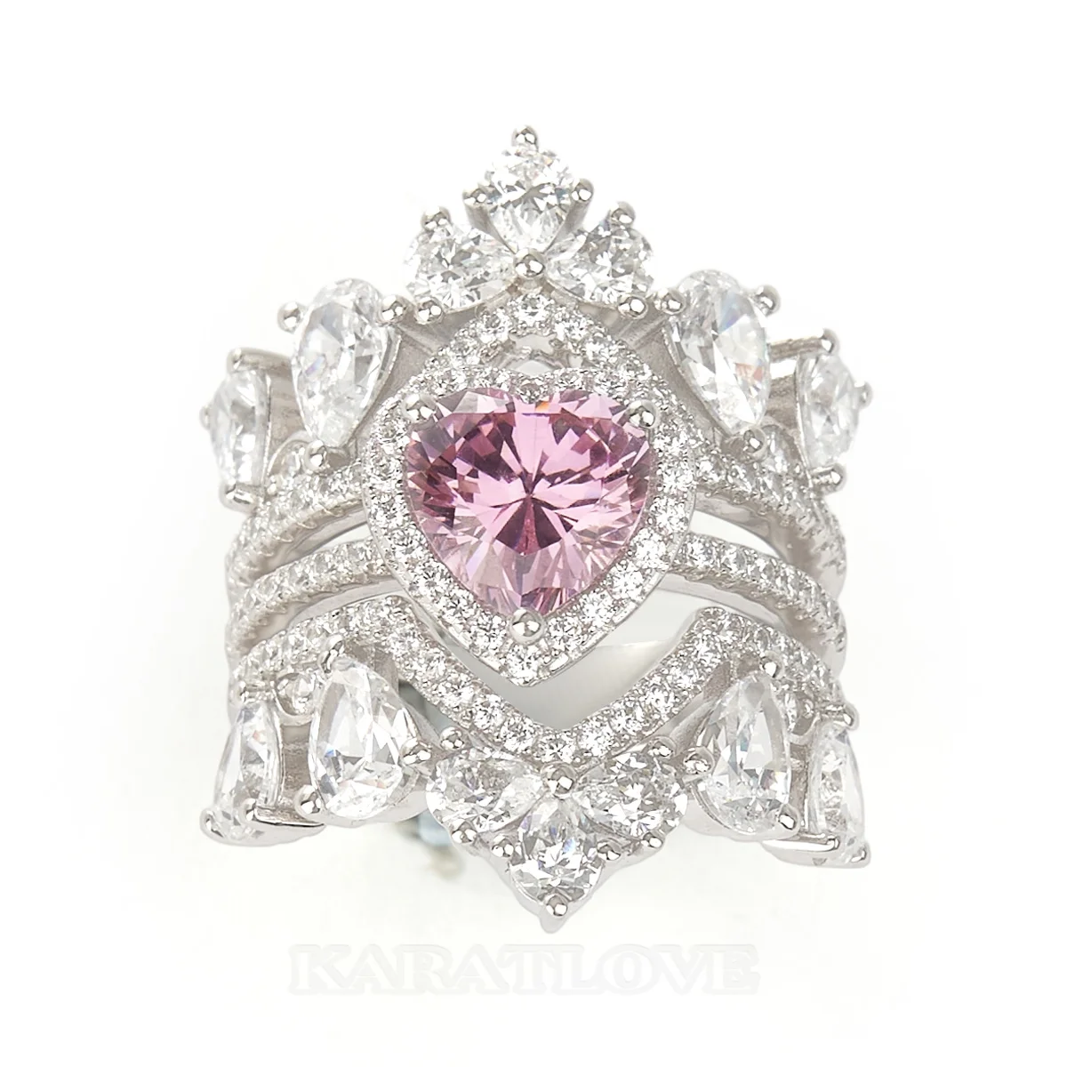 Heart Cut Fancy Pink Sterling Silver 3-Piece Bridal Ring Sets