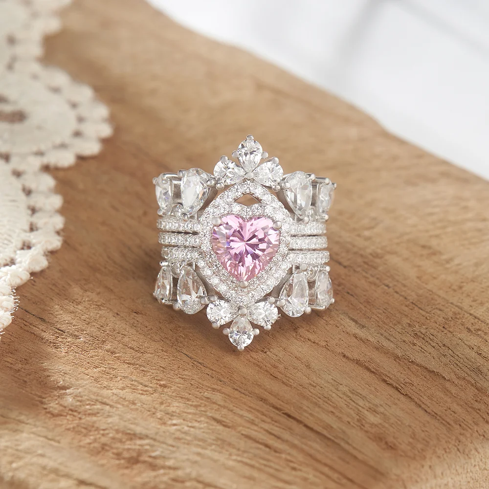 Heart Cut Fancy Pink Sterling Silver 3-Piece Bridal Ring Sets