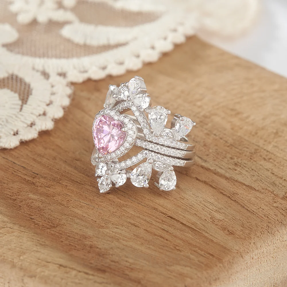 Heart Cut Fancy Pink Sterling Silver 3-Piece Bridal Ring Sets