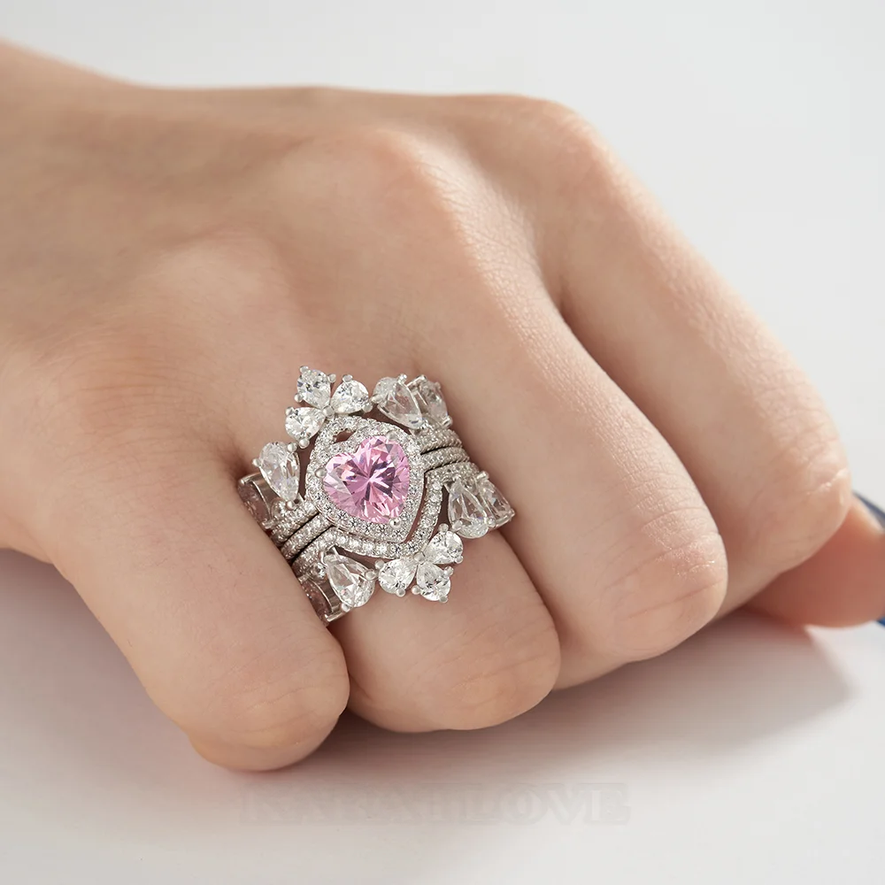 Heart Cut Fancy Pink Sterling Silver 3-Piece Bridal Ring Sets