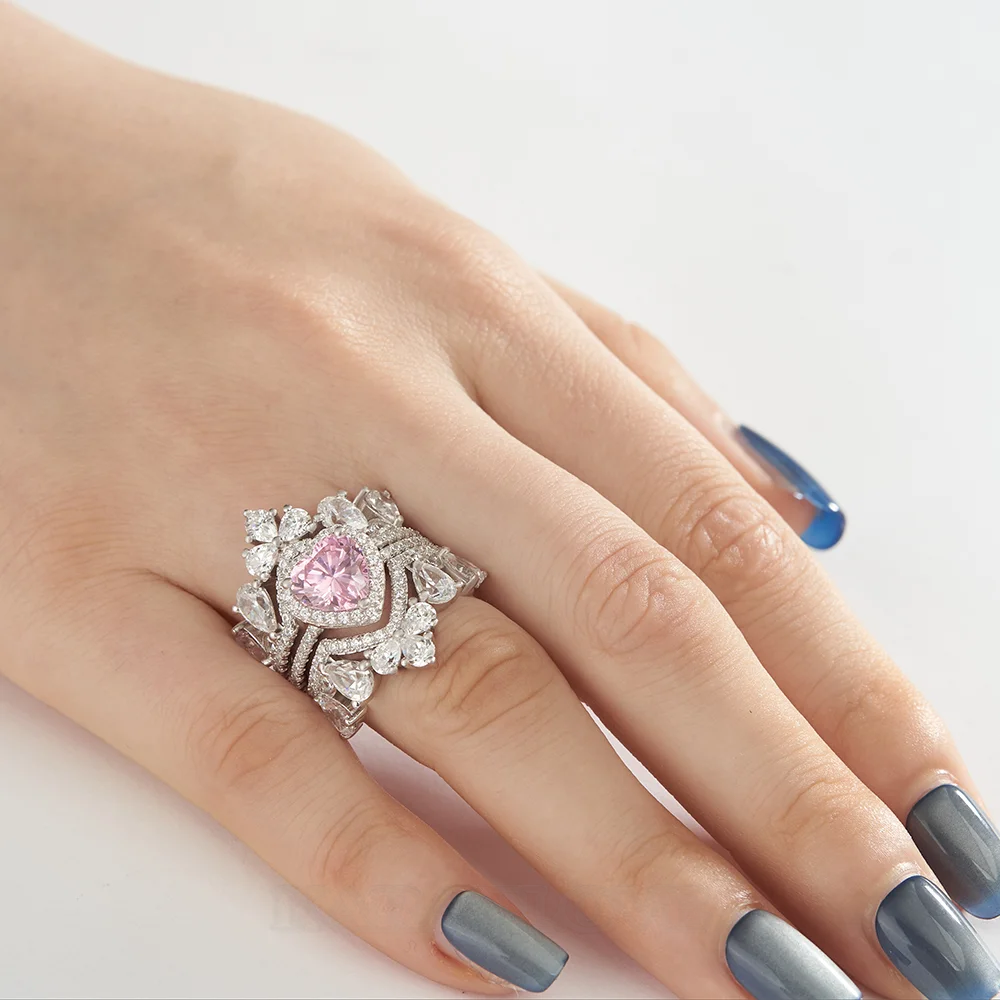Heart Cut Fancy Pink Sterling Silver 3-Piece Bridal Ring Sets