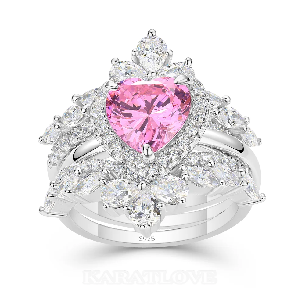 Heart Cut Fancy Pink 925 Sterling Silver Halo 3-Piece Bridal Ring Set