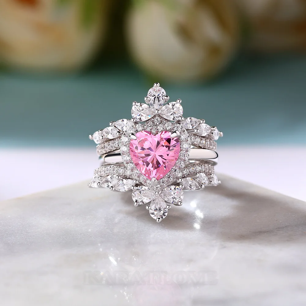 Heart Cut Fancy Pink 925 Sterling Silver Halo 3-Piece Bridal Ring Set