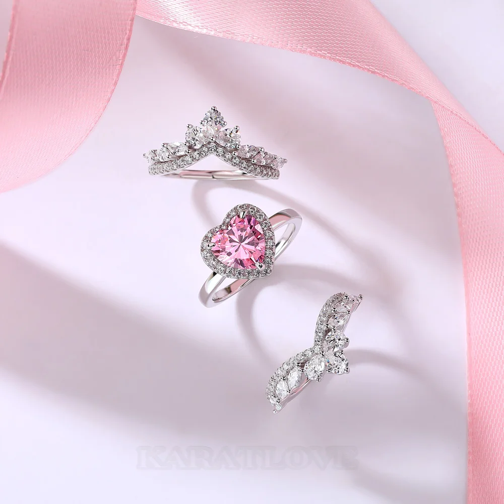 Heart Cut Fancy Pink 925 Sterling Silver Halo 3-Piece Bridal Ring Set