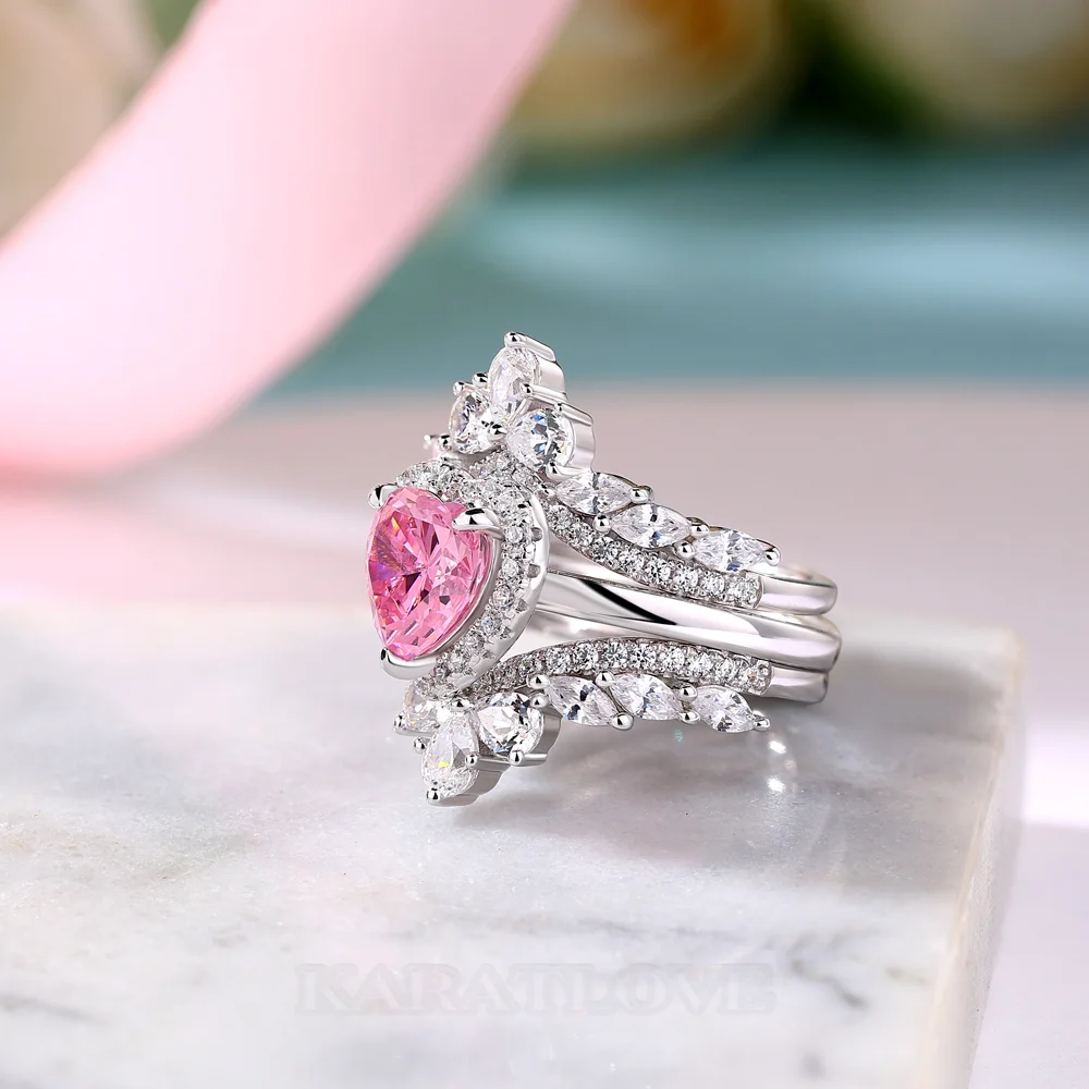 Heart Cut Fancy Pink 925 Sterling Silver Halo 3-Piece Bridal Ring Set
