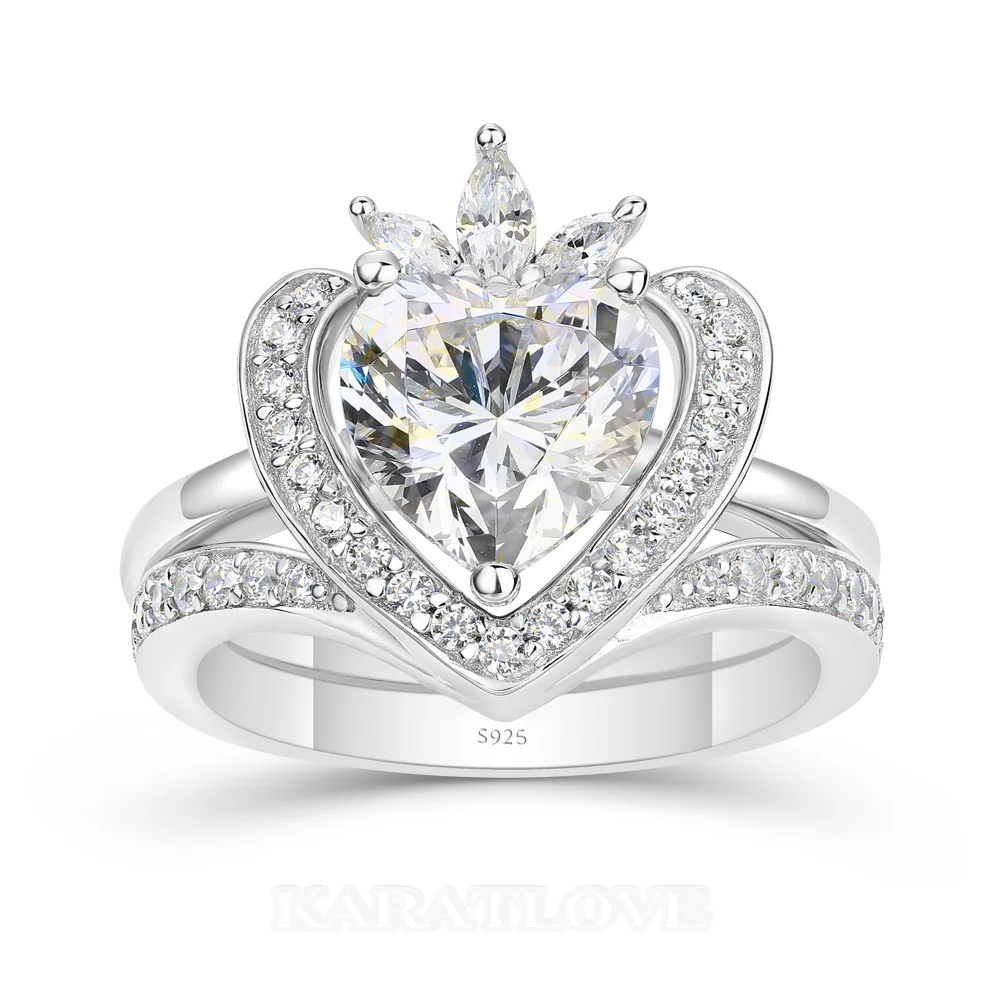Heart Cut Diamond White 925 Sterling Silver Halo Bridal Ring Set