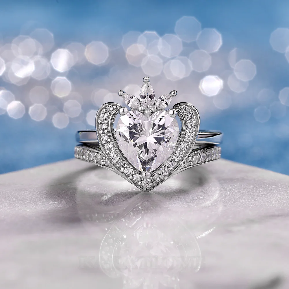 Heart Cut Diamond White 925 Sterling Silver Halo Bridal Ring Set
