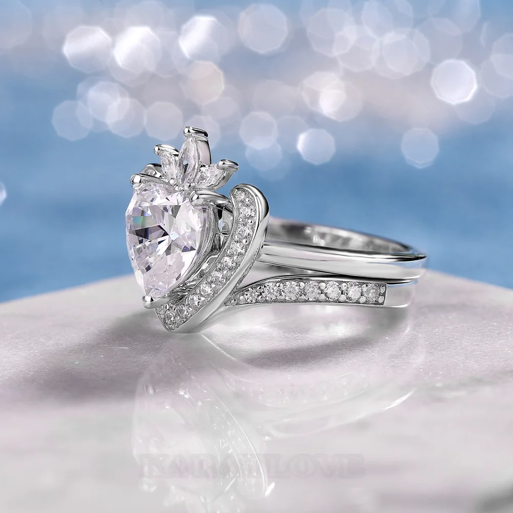 Heart Cut Diamond White 925 Sterling Silver Halo Bridal Ring Set