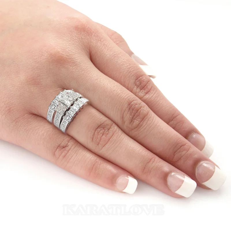 Princess Cut Diamond White 3-Piece Bridal Sets in Sterling Silver