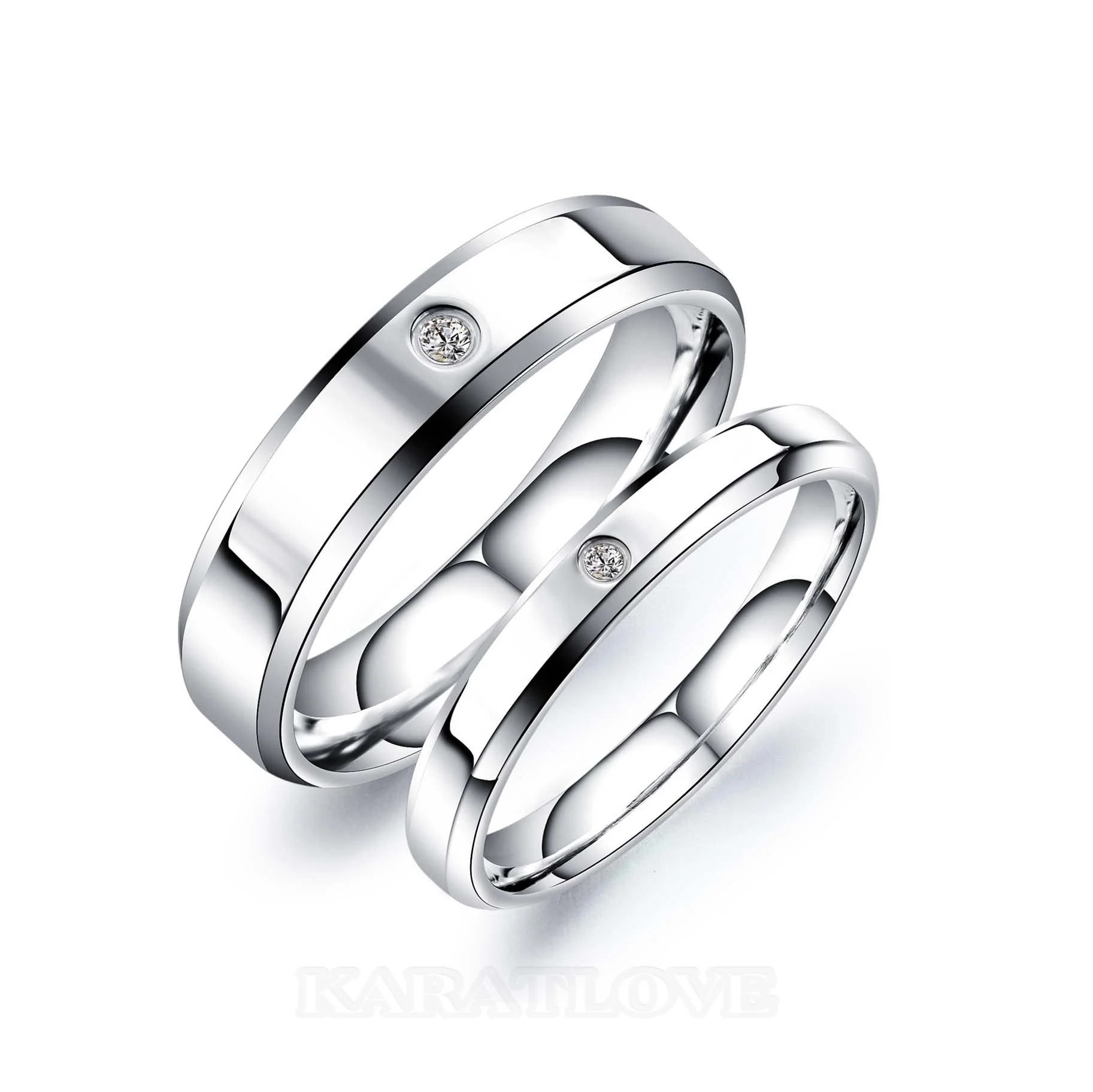 Round Diamond White Titanium Silver Couple Rings