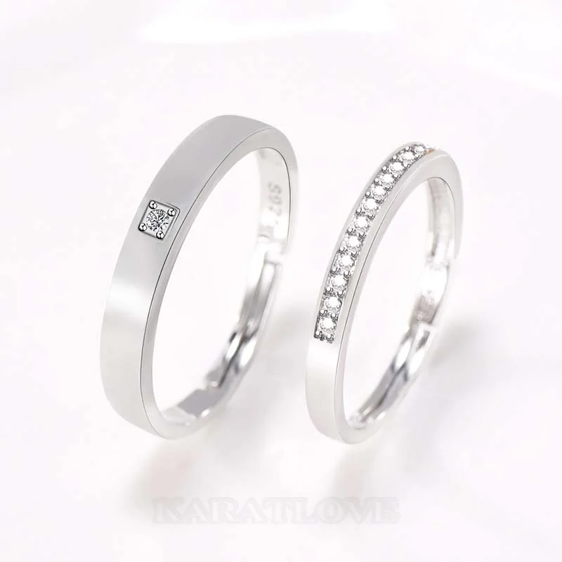 Round Diamond White Sterling Silver Couple Rings