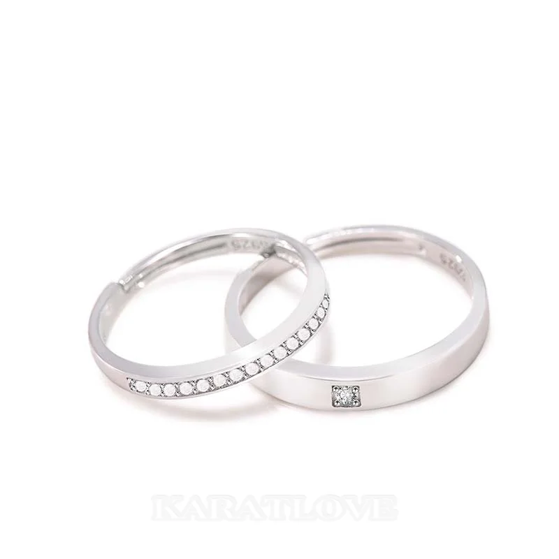 Round Diamond White Sterling Silver Couple Rings