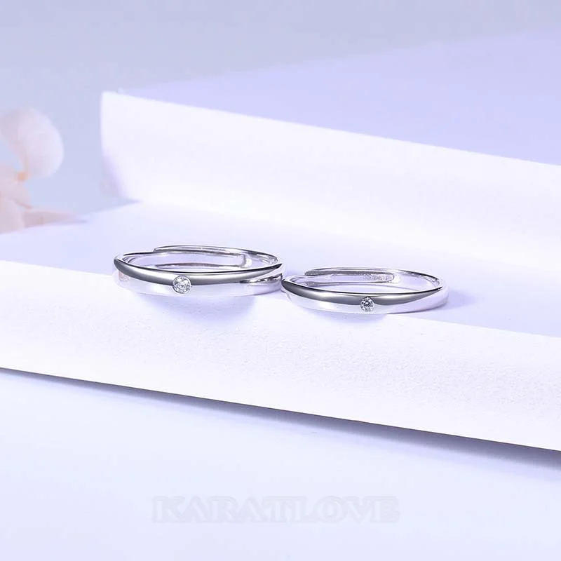 Round Diamond White Sterling Silver Couple Rings