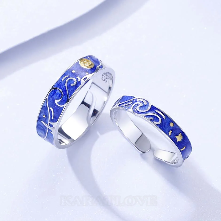 Starry Sky Sterling Silver Blue Couple Rings