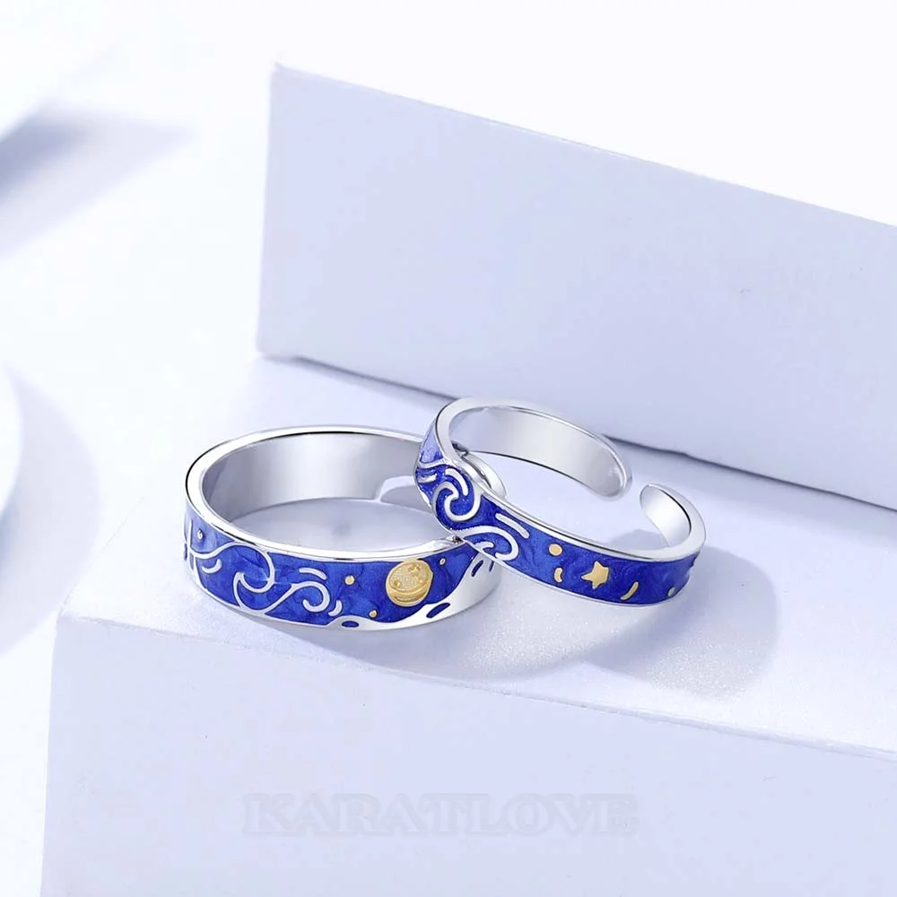 Starry Sky Sterling Silver Blue Couple Rings