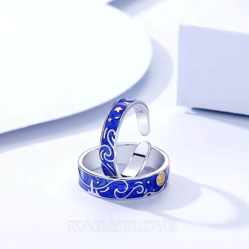 Starry Sky Sterling Silver Blue Couple Rings