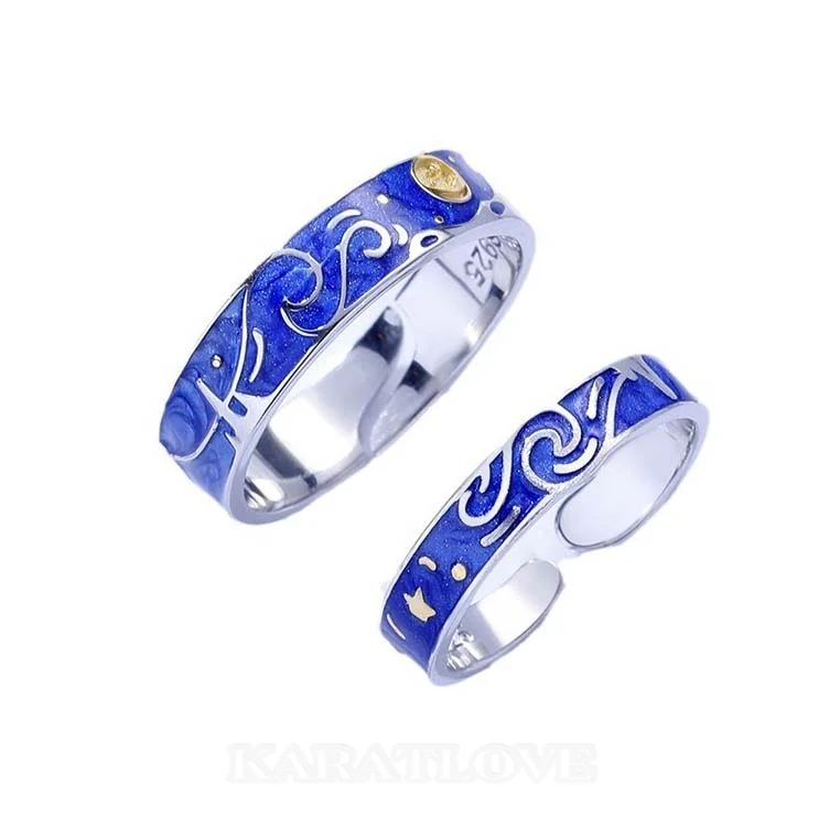 Starry Sky Sterling Silver Blue Couple Rings