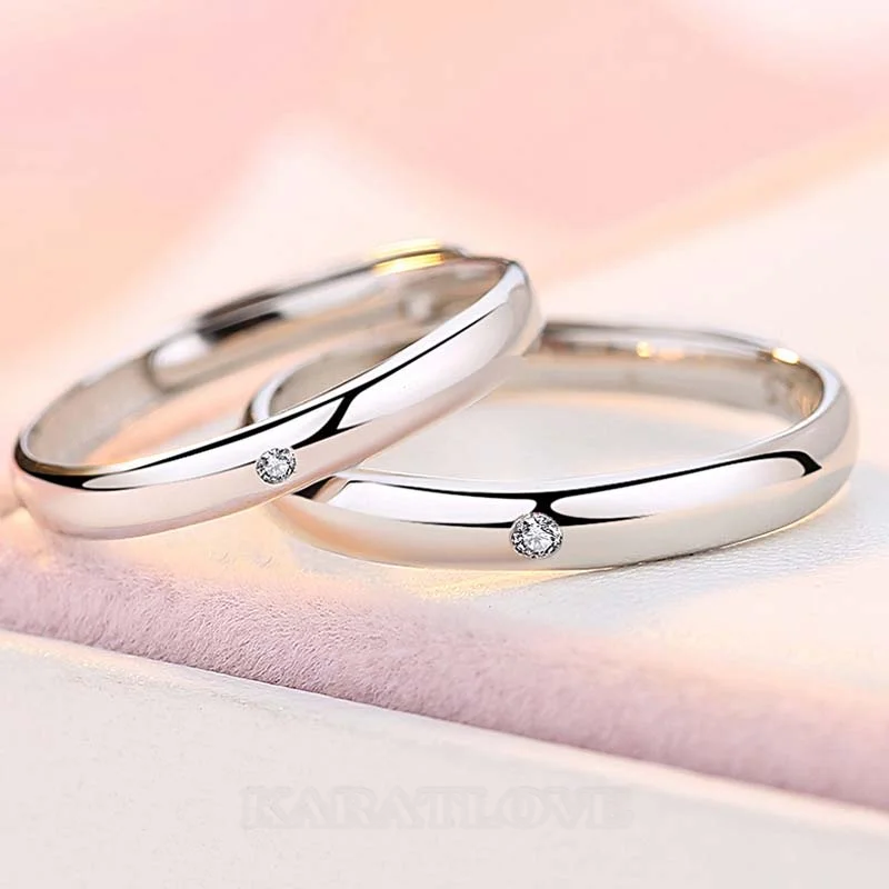 Round Diamond White Sterling Silver Couple Rings