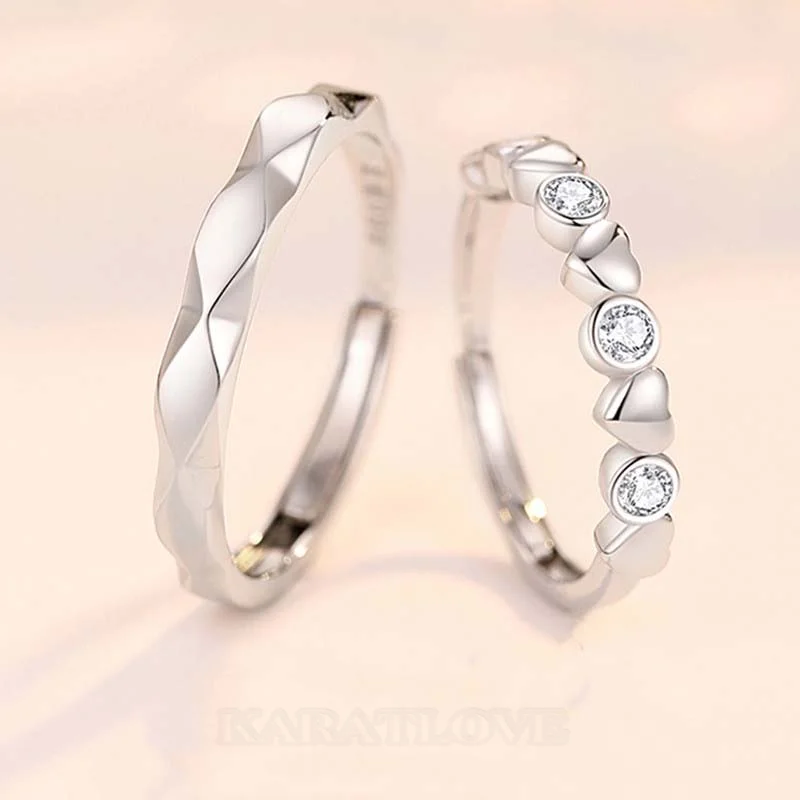 Round Diamond White Sterling Silver Heart Couple Rings