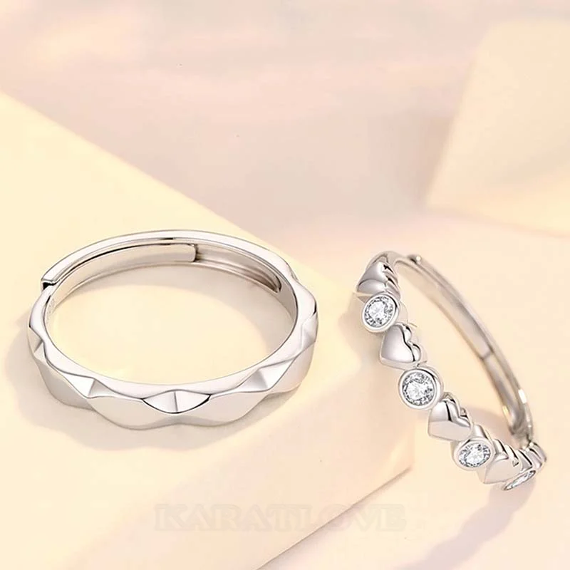 Round Diamond White Sterling Silver Heart Couple Rings